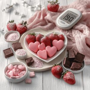 Diabetes Blutzucker Messgerät mit Valentinstags Süßigkeiten