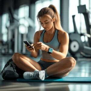 Eine sportliche Frau (30–40 Jahre) sitzt entspannt auf einer Fitnessmatte in einem modernen Fitnessstudio. Sie überprüft ihre Blutzuckerwerte auf dem Smartphone, während sie eine Smartwatch mit einer Blutzuckeranzeige trägt. Im Hintergrund sind Fitnessgeräte sichtbar.