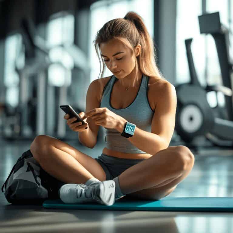 Eine sportliche Frau (30–40 Jahre) sitzt entspannt auf einer Fitnessmatte in einem modernen Fitnessstudio. Sie überprüft ihre Blutzuckerwerte auf dem Smartphone, während sie eine Smartwatch mit einer Blutzuckeranzeige trägt. Im Hintergrund sind Fitnessgeräte sichtbar.