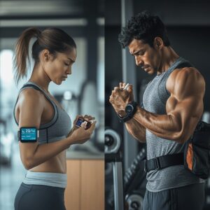 Geteiltes Bild mit zwei sportlichen Personen im Fitnessstudio: Links eine Frau mit Diabetes, die ihren Blutzucker auf einem CGM-Sensor am Arm überprüft, während sie ein Blutzuckermessgerät hält. Rechts ein muskulöser Mann beim Krafttraining, der auf sein Handgelenk schaut und möglicherweise seinen Blutzucker oder Insulinbedarf überprüft. Die Szene zeigt häufige Blutzuckerprobleme beim Sport – Hypoglykämie und Hyperglykämie.